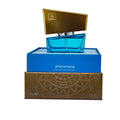 A sleek blue glass shiatsu pheromone fragrance man light blue 15ml perfume bottle with gold cap in branded packaging