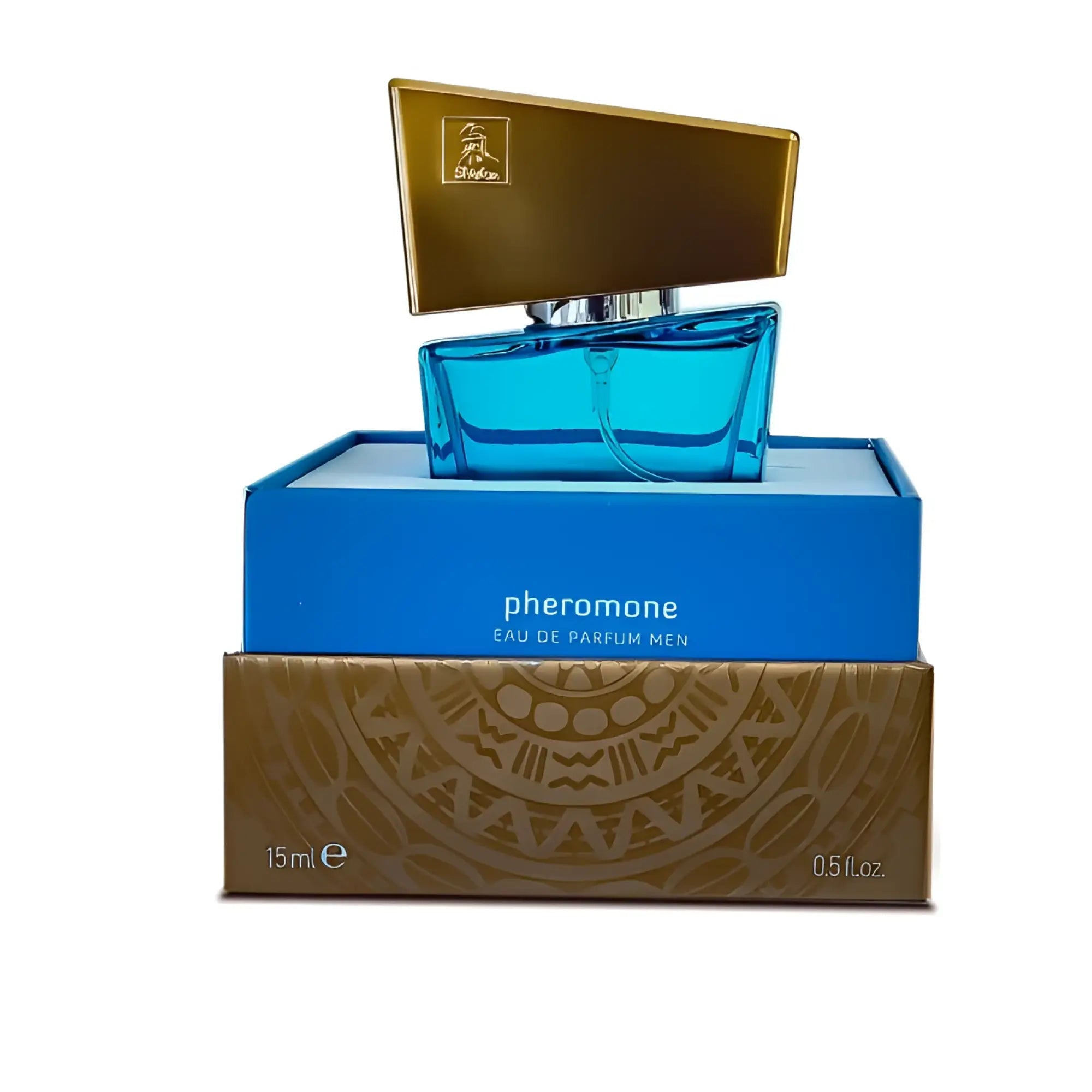 A sleek blue glass shiatsu pheromone fragrance man light blue 15ml perfume bottle with gold cap in branded packaging