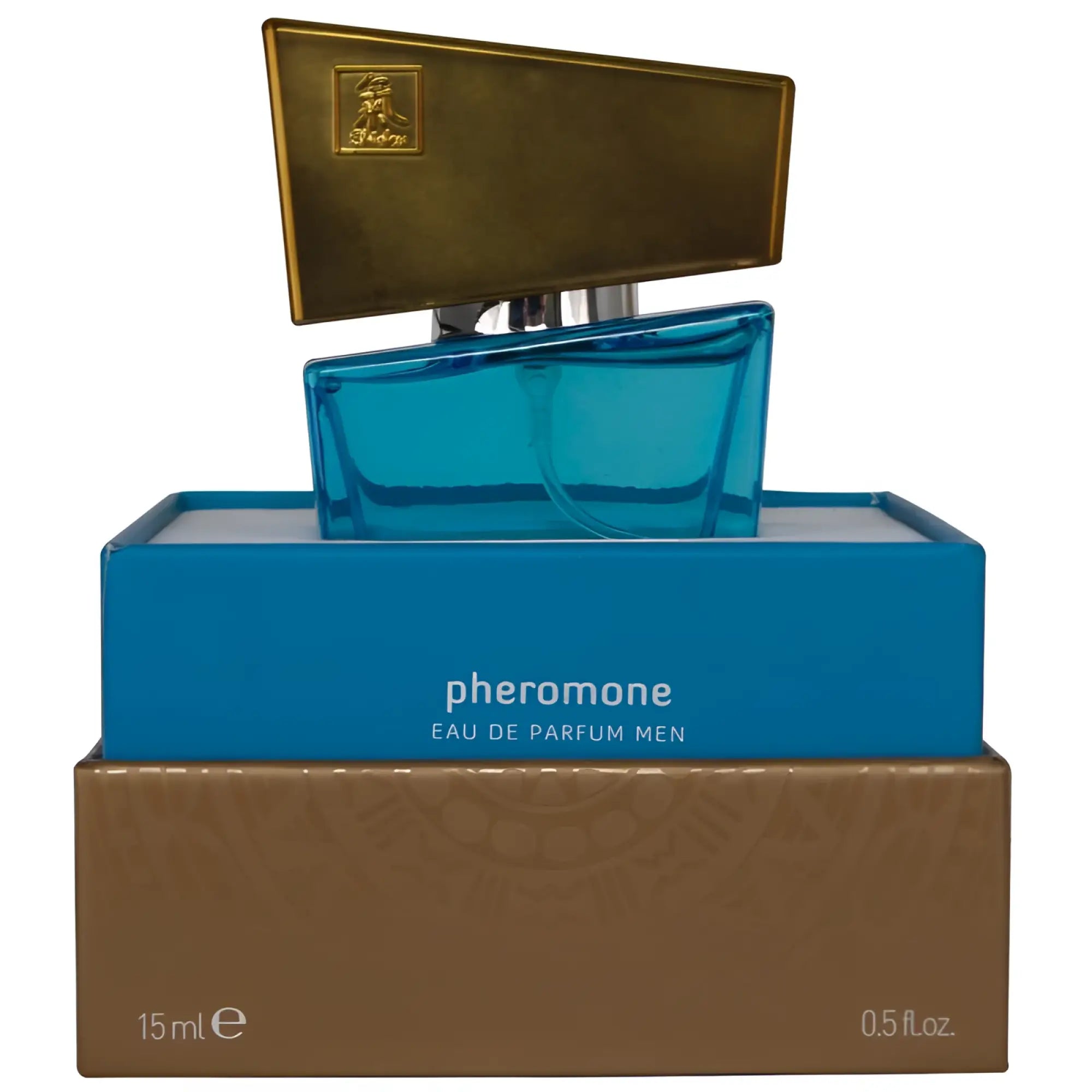 A sleek translucent turquoise glass perfume bottle with a metallic gold cap on shiatsu pheromone fragrance man packaging