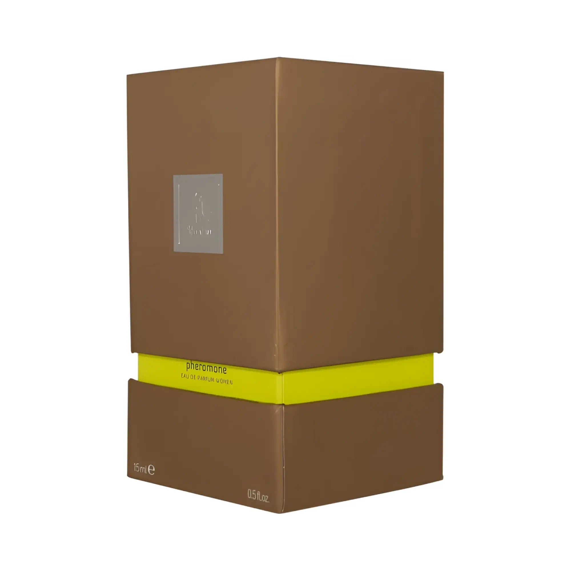 Brown rectangular box with bright yellow band and silver logo labeled pheromone shiatsu pheromone fragrance woman lime 15ml