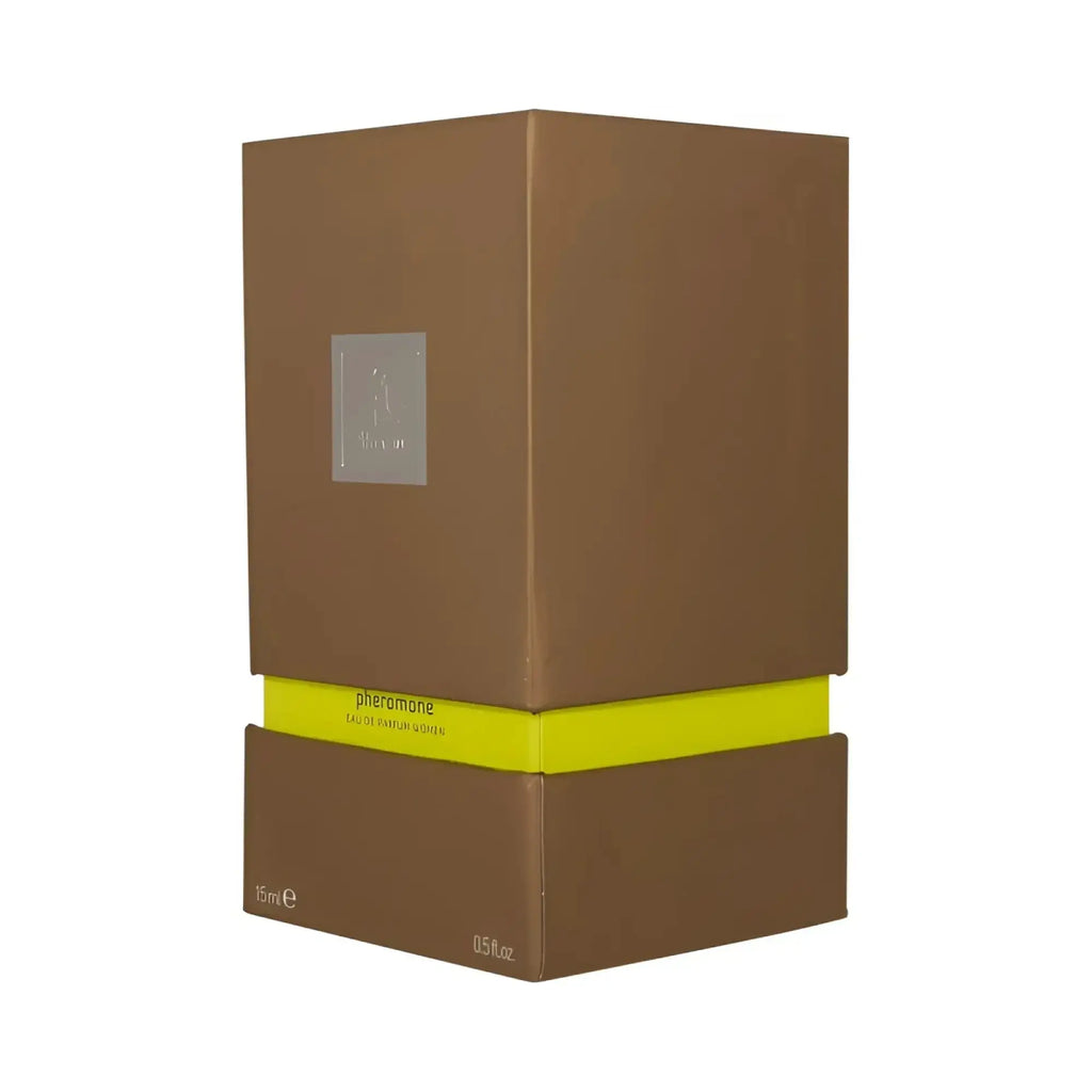 Brown rectangular box with bright yellow band and silver logo labeled pheromone shiatsu pheromone fragrance woman lime 15ml