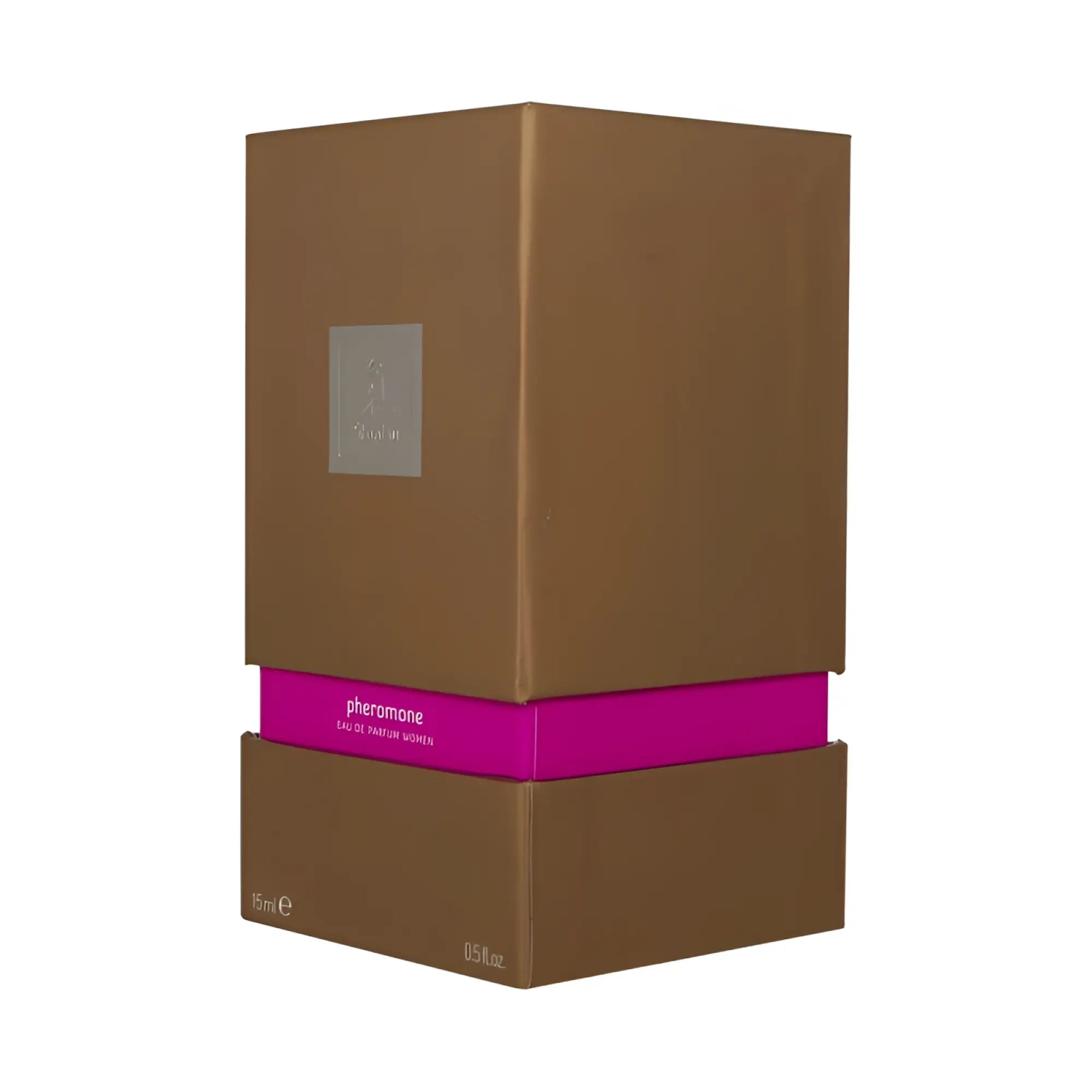 Brown rectangular perfume box with magenta band and silver logo labeled pheromone eau de parfum women 15ml