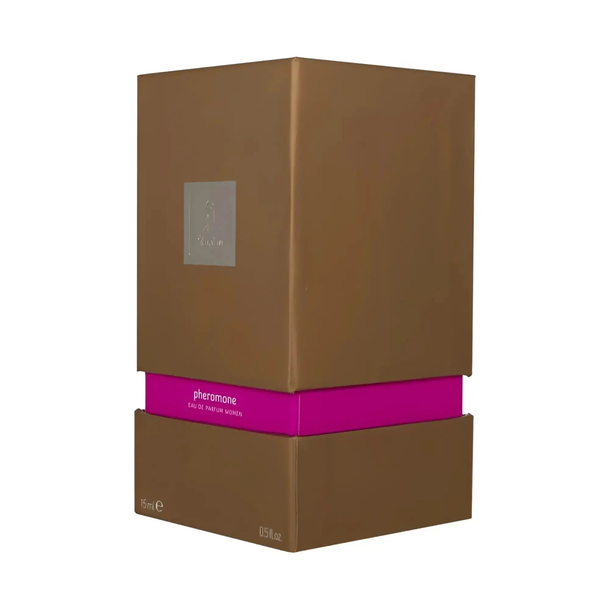 Brown rectangular perfume box with magenta band and silver logo labeled pheromone eau de parfum women 15ml