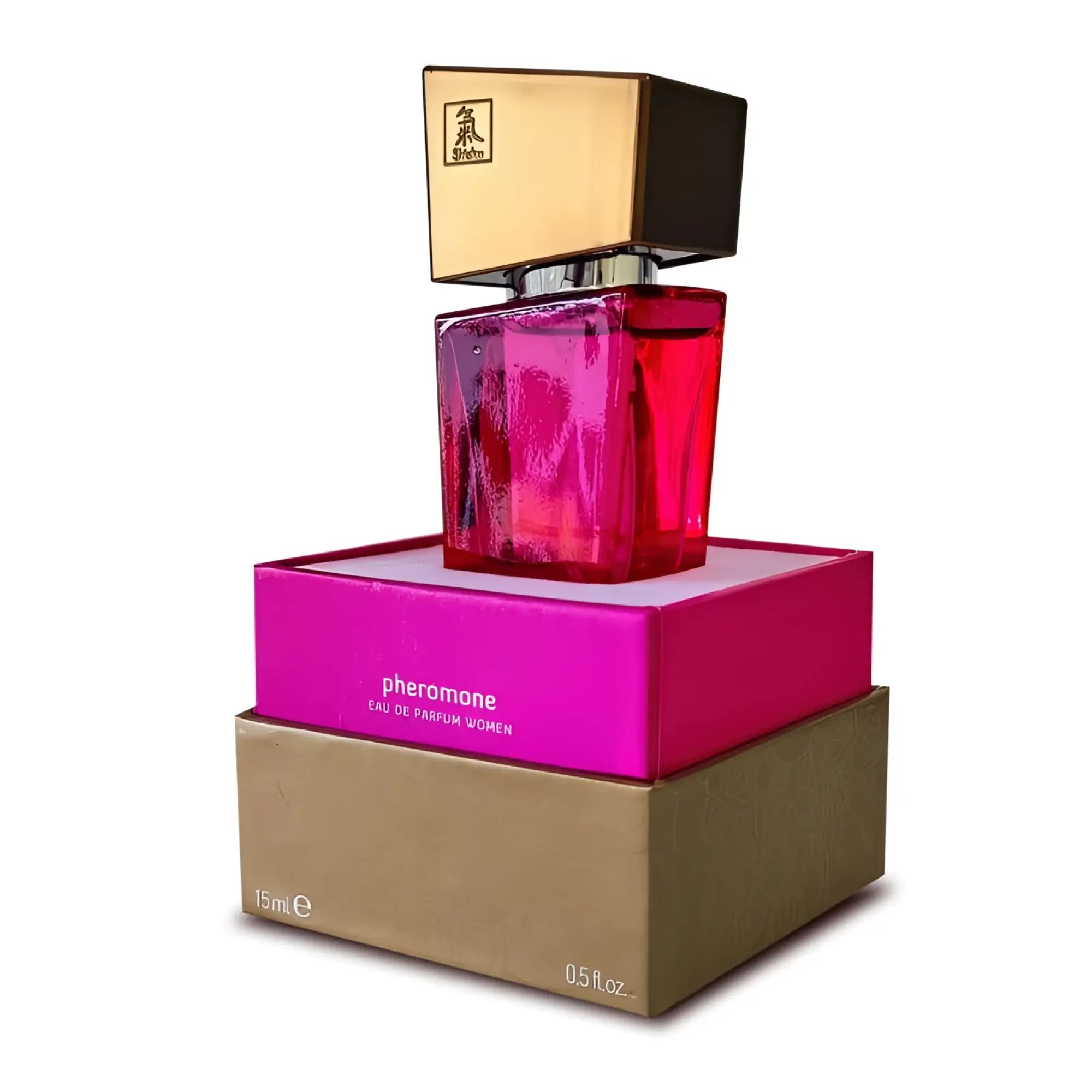 Vibrant fuchsia glass shiatsu pheromone fragrance bottle with gold and black square cap in branded packaging