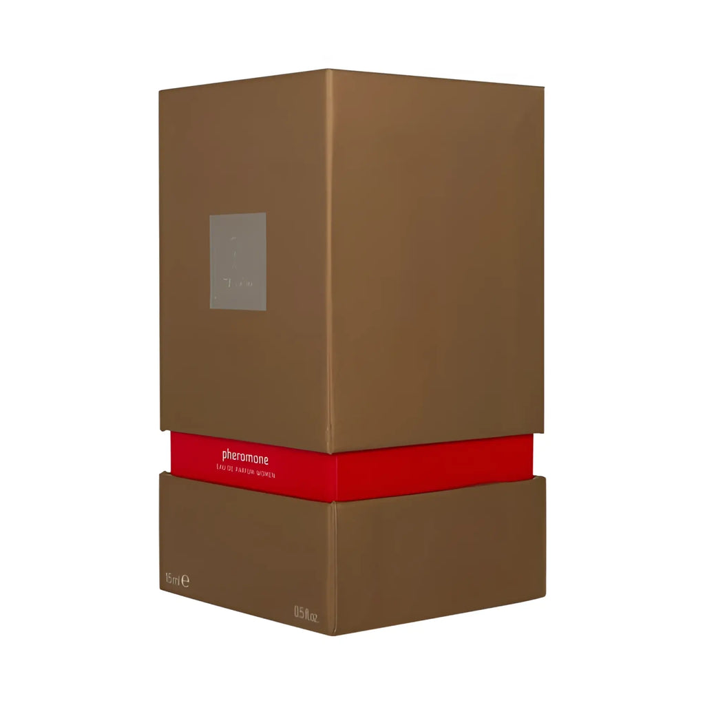 Brown rectangular box with red band and silver label of shiatsu pheromone eau de parfum for women 15ml