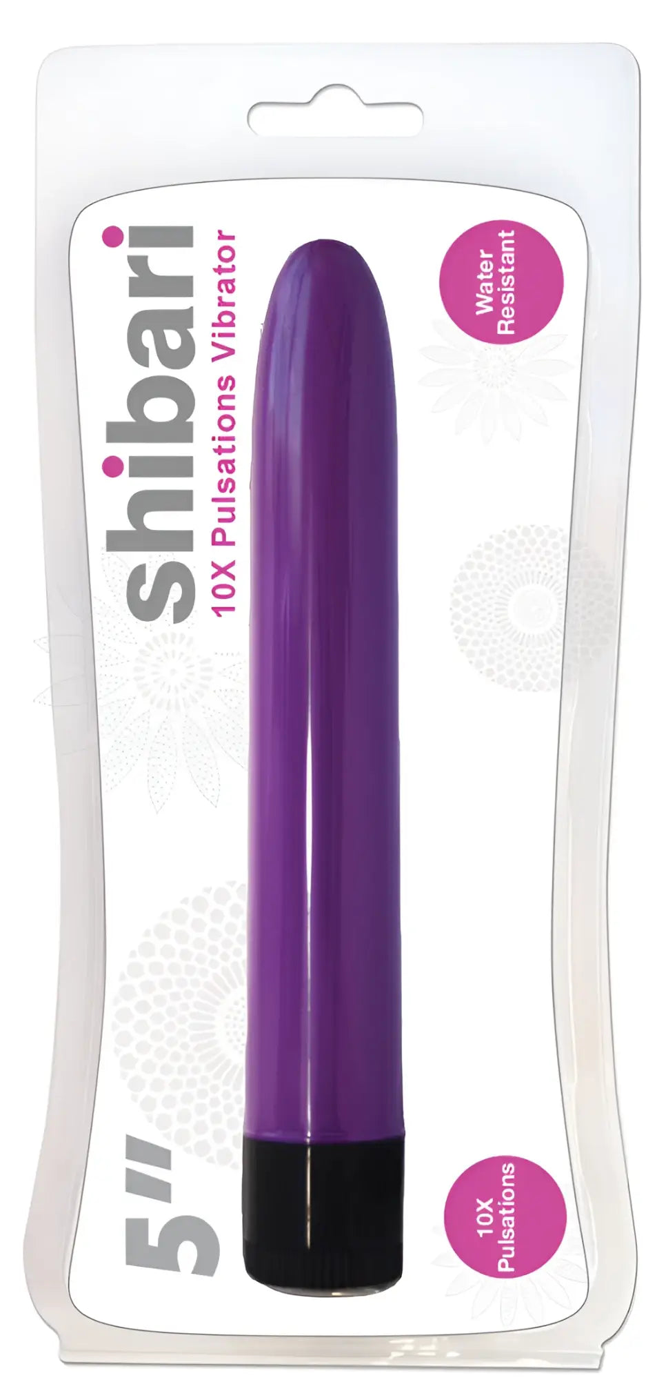 Purple 5-inch shibari 10x pulsations vibrator with black base packaged in clear plastic for personal use