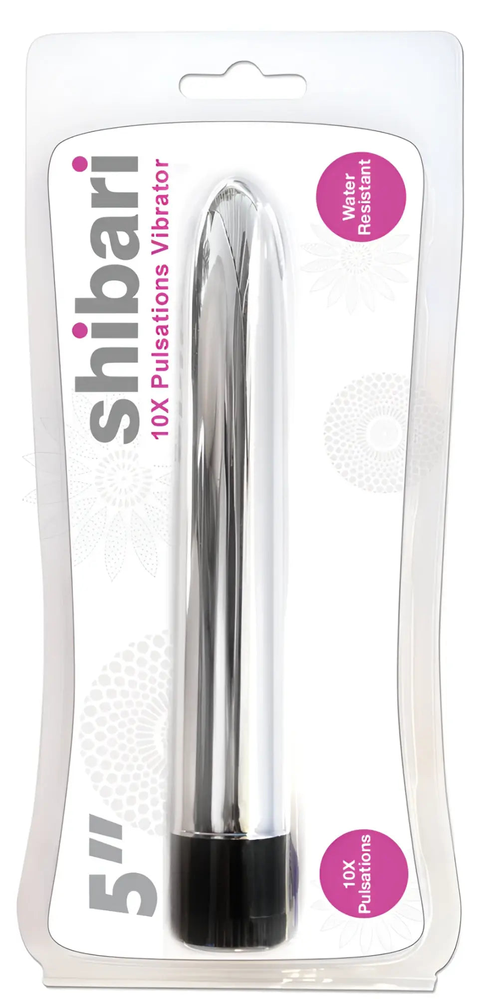 Shibari 10X pulsations vibrator 5in silver with sleek silver metallic body and black base, water-resistant design