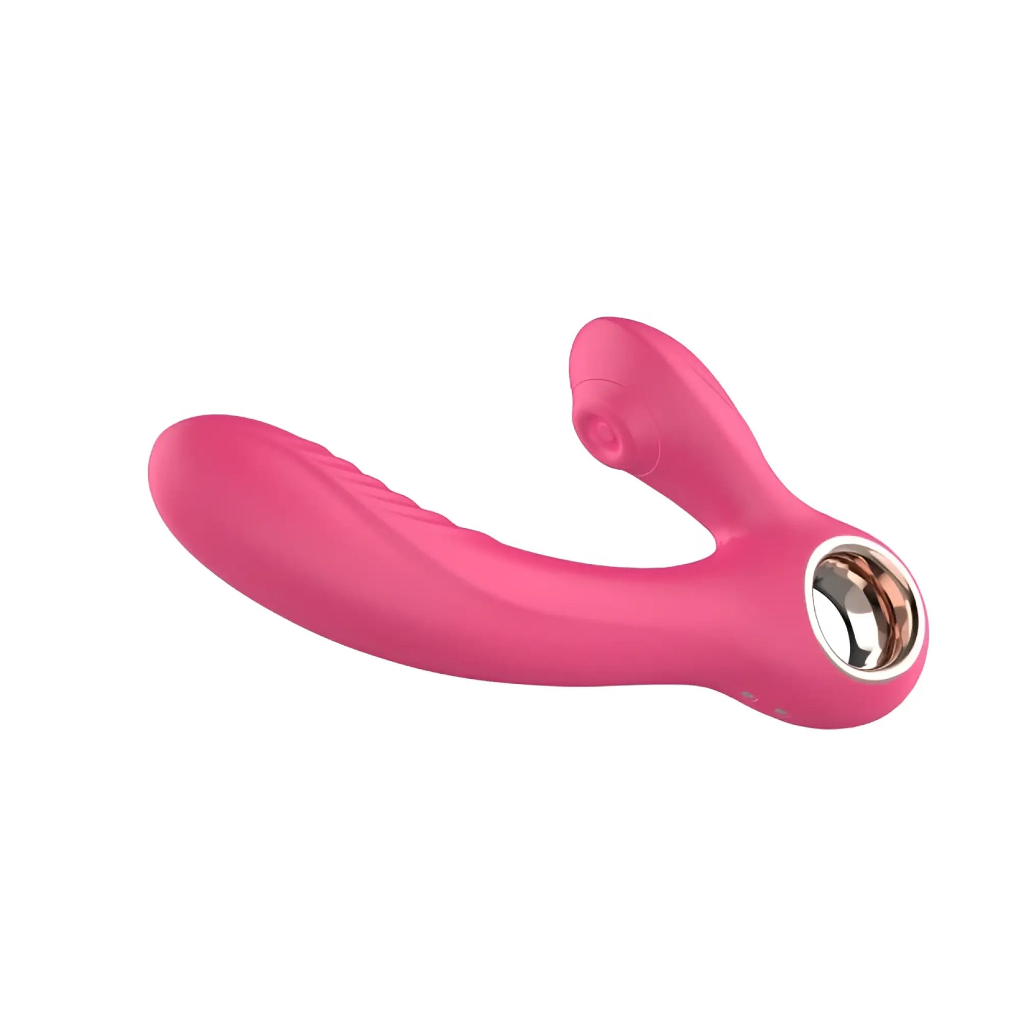 Pink silicone shibari beso g g-spot and clitoral vibrator with curved handle and circular metallic accent