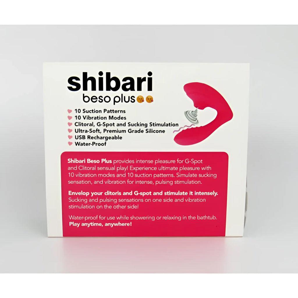 Pink silicone shibari beso plus g-spot and clitoral vibrator with suction and vibration features shown from the back side