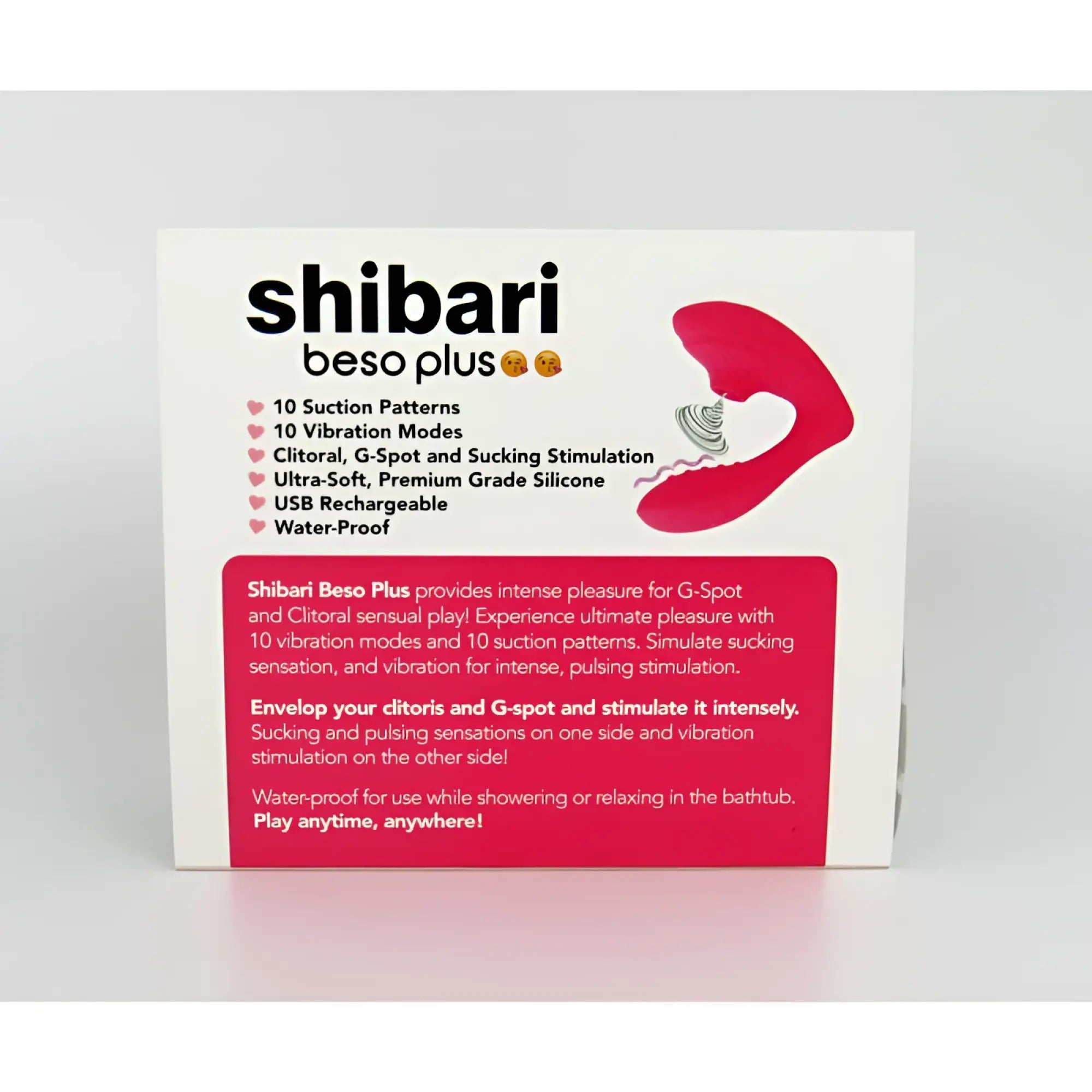 Pink silicone shibari beso plus g-spot and clitoral vibrator with suction and vibration features shown from the back side