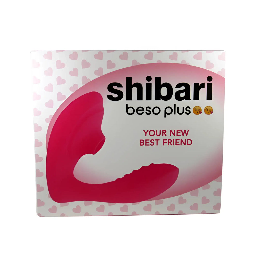 Pink silicone shibari beso plus g-spot and clitoral vibrator in branded packaging for adult use