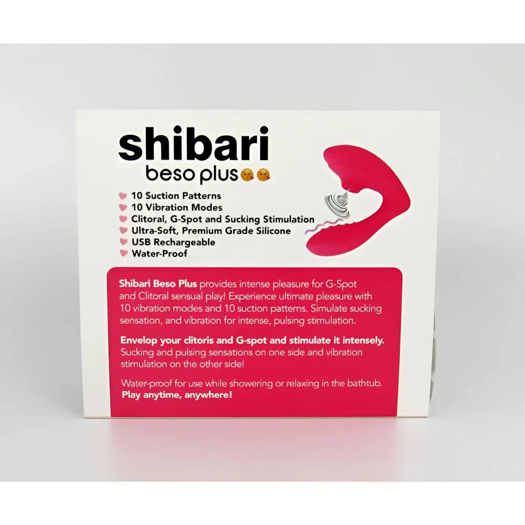 Pink silicone shibari beso plus g-spot and clitoral vibrator with suction and vibration features shown from the back side