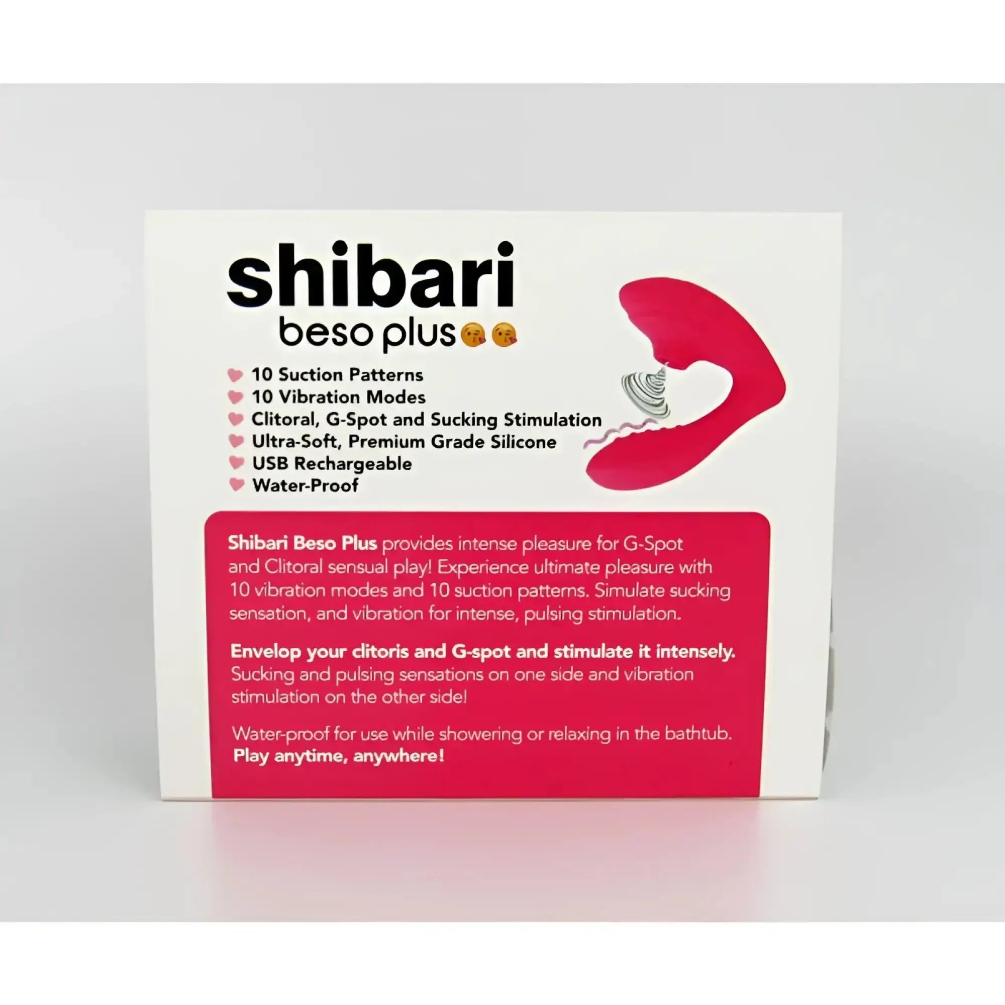 Pink silicone shibari beso plus g-spot and clitoral vibrator with suction and vibration features shown from the back side