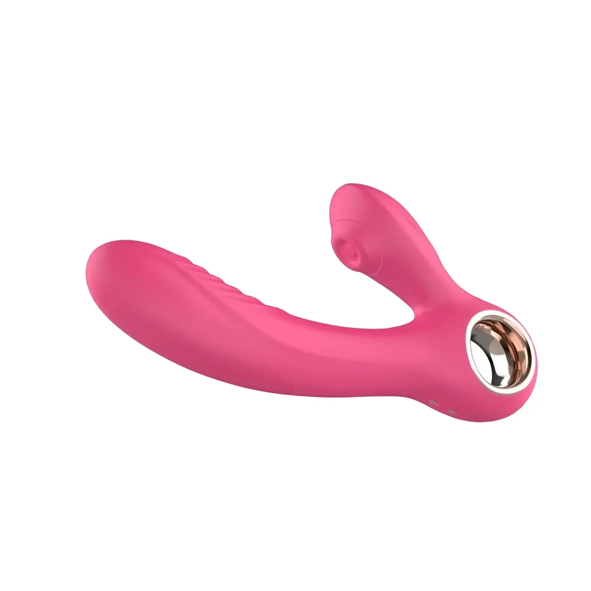 Pink silicone shibari beso warming g spot and clitoral vibrator with curved handle and circular metallic accent