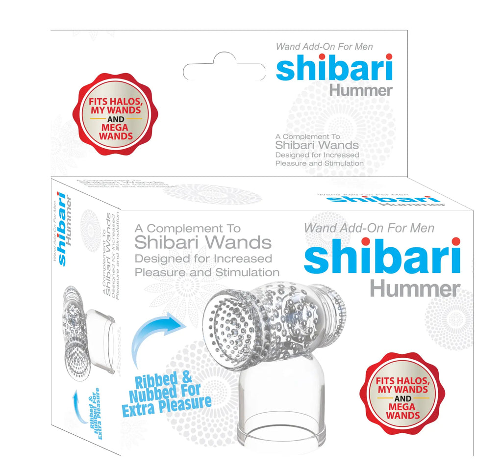 Clear plastic shibari hummer wand add-on with textured ribbed surface and multiple small protrusions for stimulation