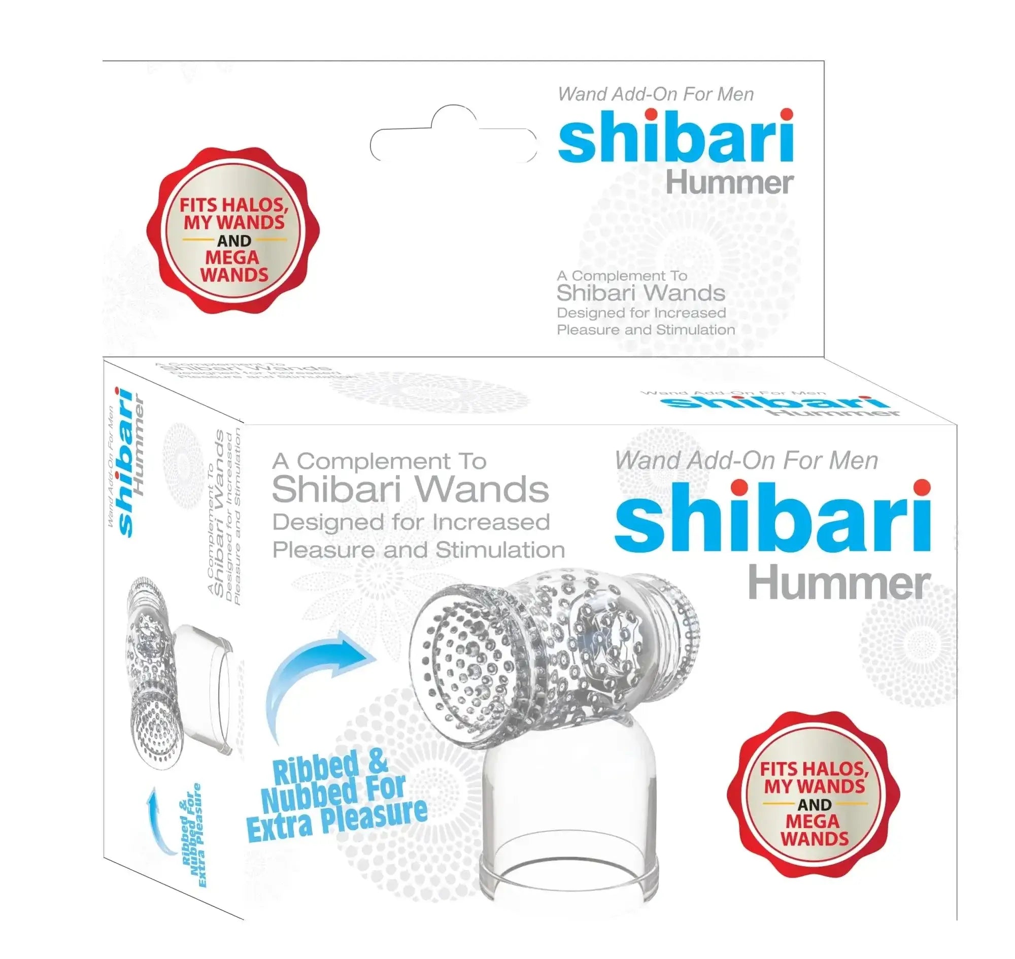 Clear plastic shibari hummer wand add-on with textured ribbed surface and multiple small protrusions for stimulation