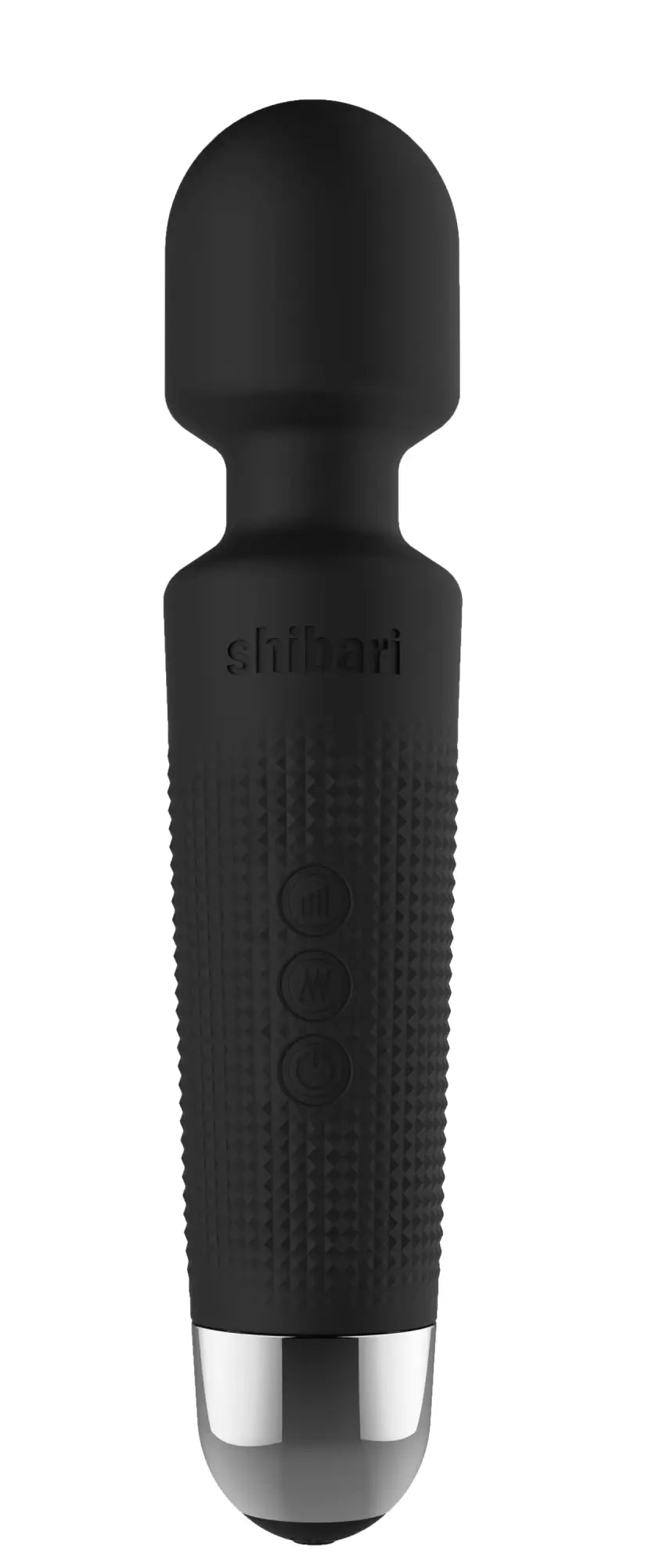 Black silicone wand with silver metallic tip and textured grip branded shifumi shibari shibari mini wand halo 20x black