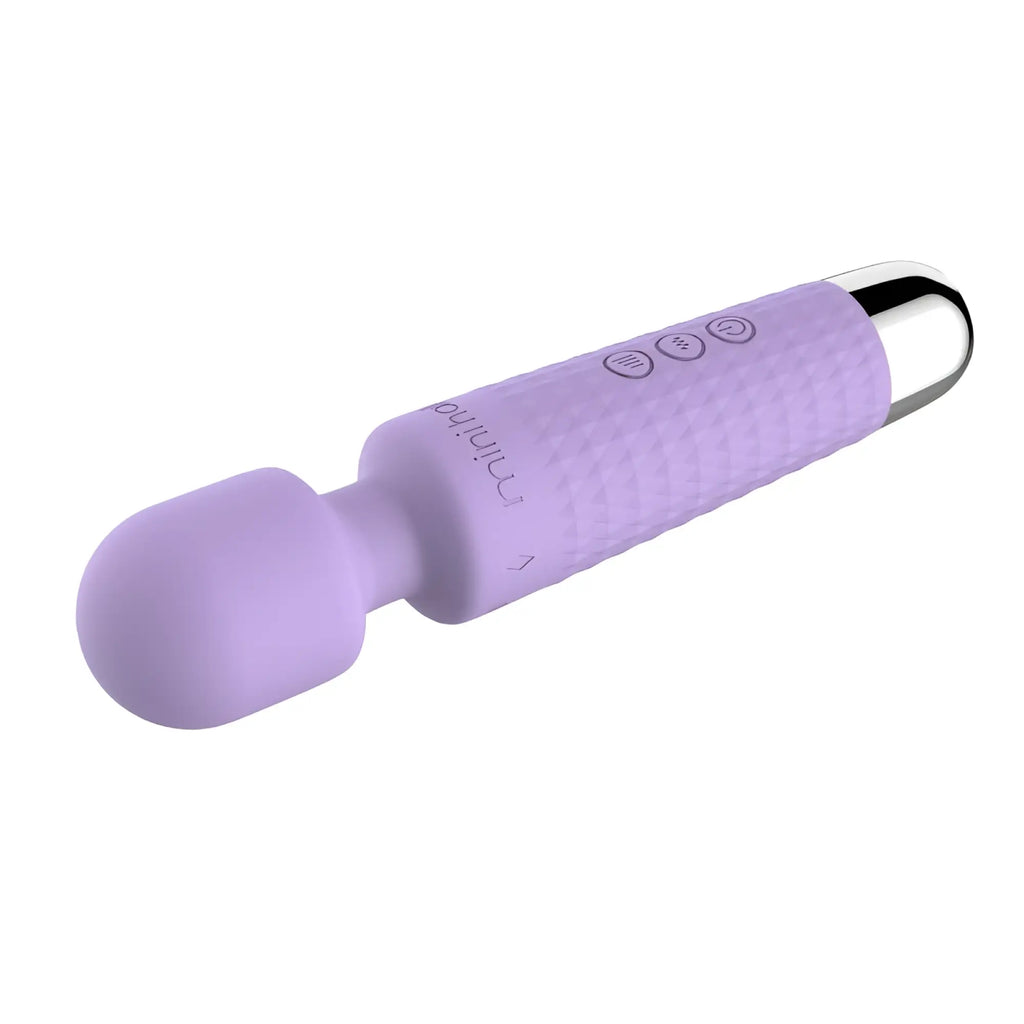 Lavender silicone shibari mini wand halo 20x lilac with textured grip silver metallic tip and control buttons