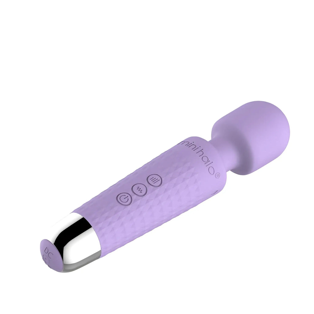 Purple shibari shibari mini wand halo 20x lilac with textured grip silver metallic tip and control buttons