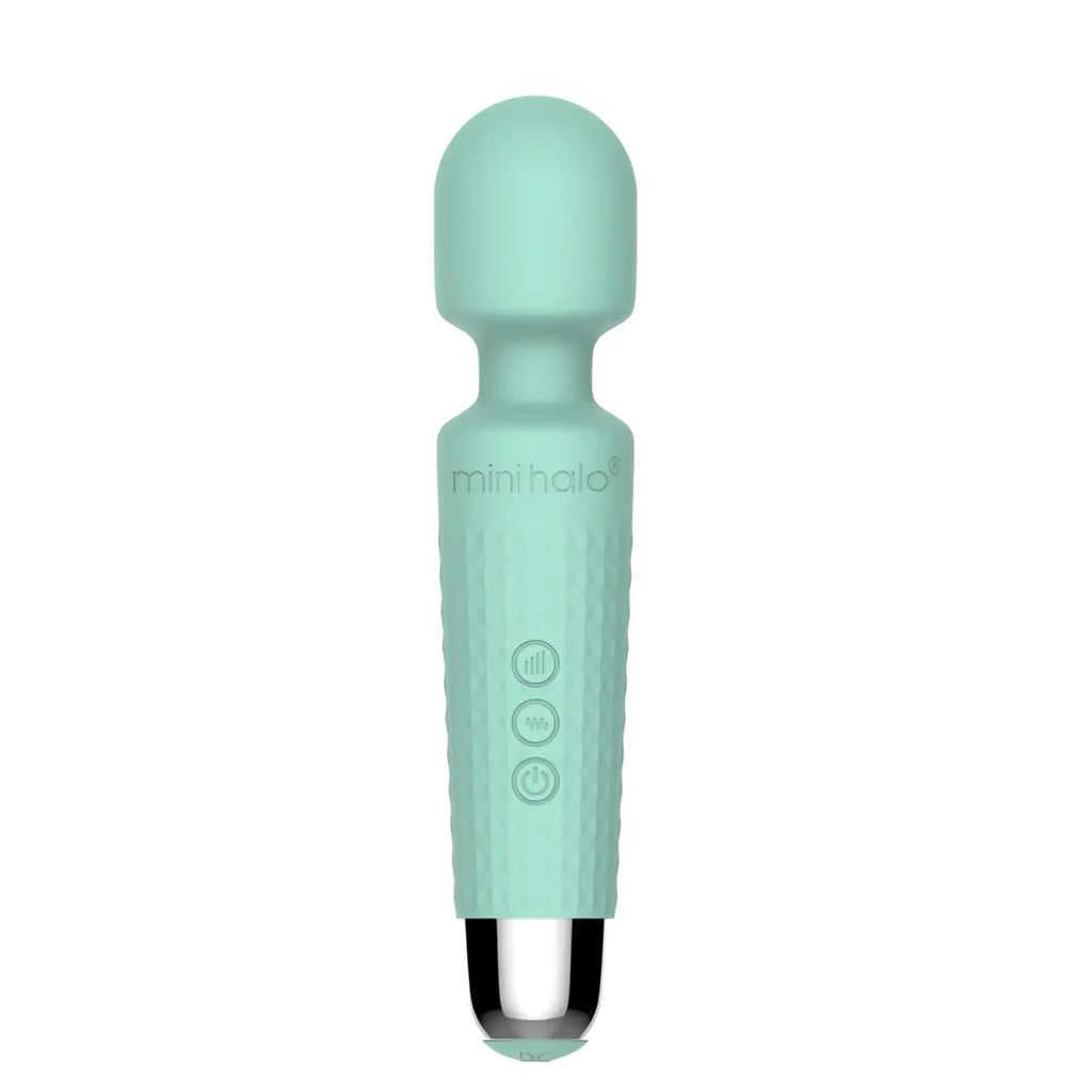 Shibari shibari mini wand halo 20x minty green silicone wand with metallic tip and three control buttons on handle
