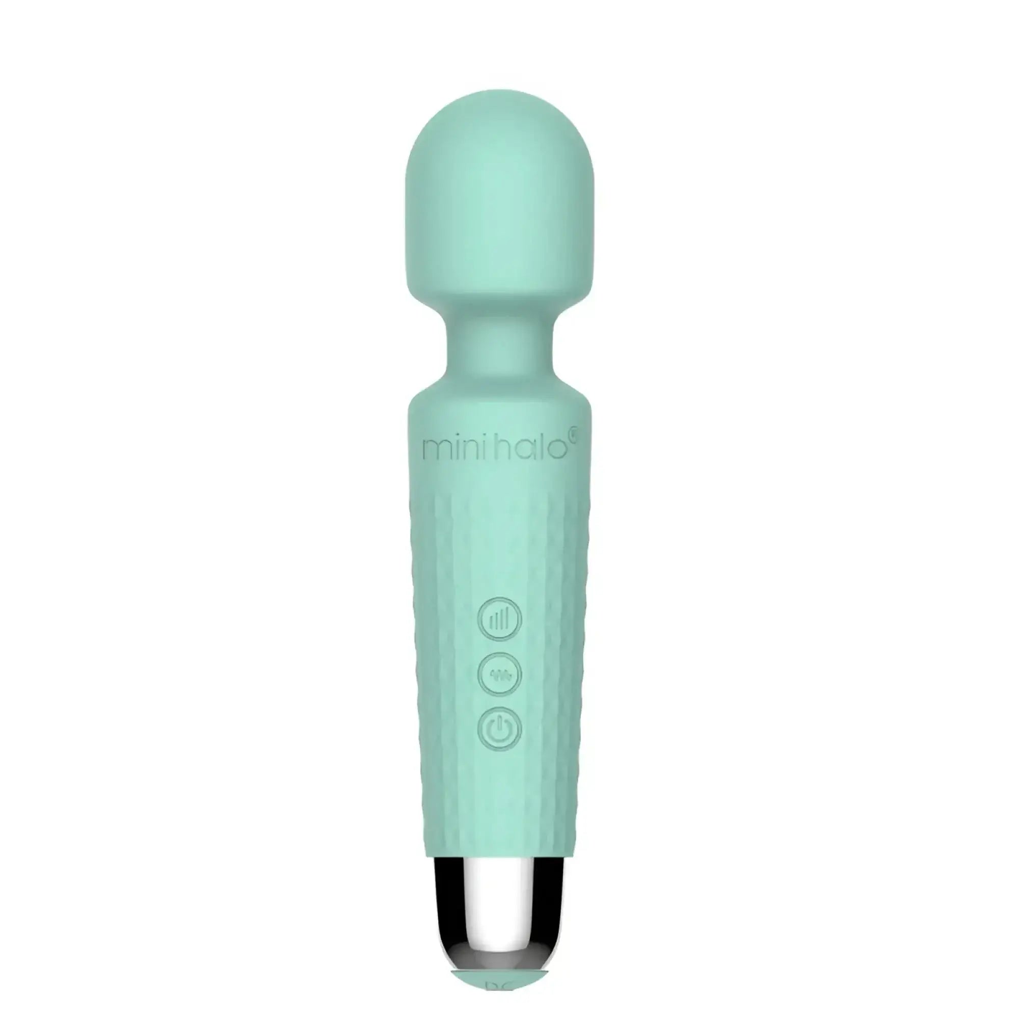 Shibari shibari mini wand halo 20x minty green silicone wand with metallic tip and three control buttons on handle
