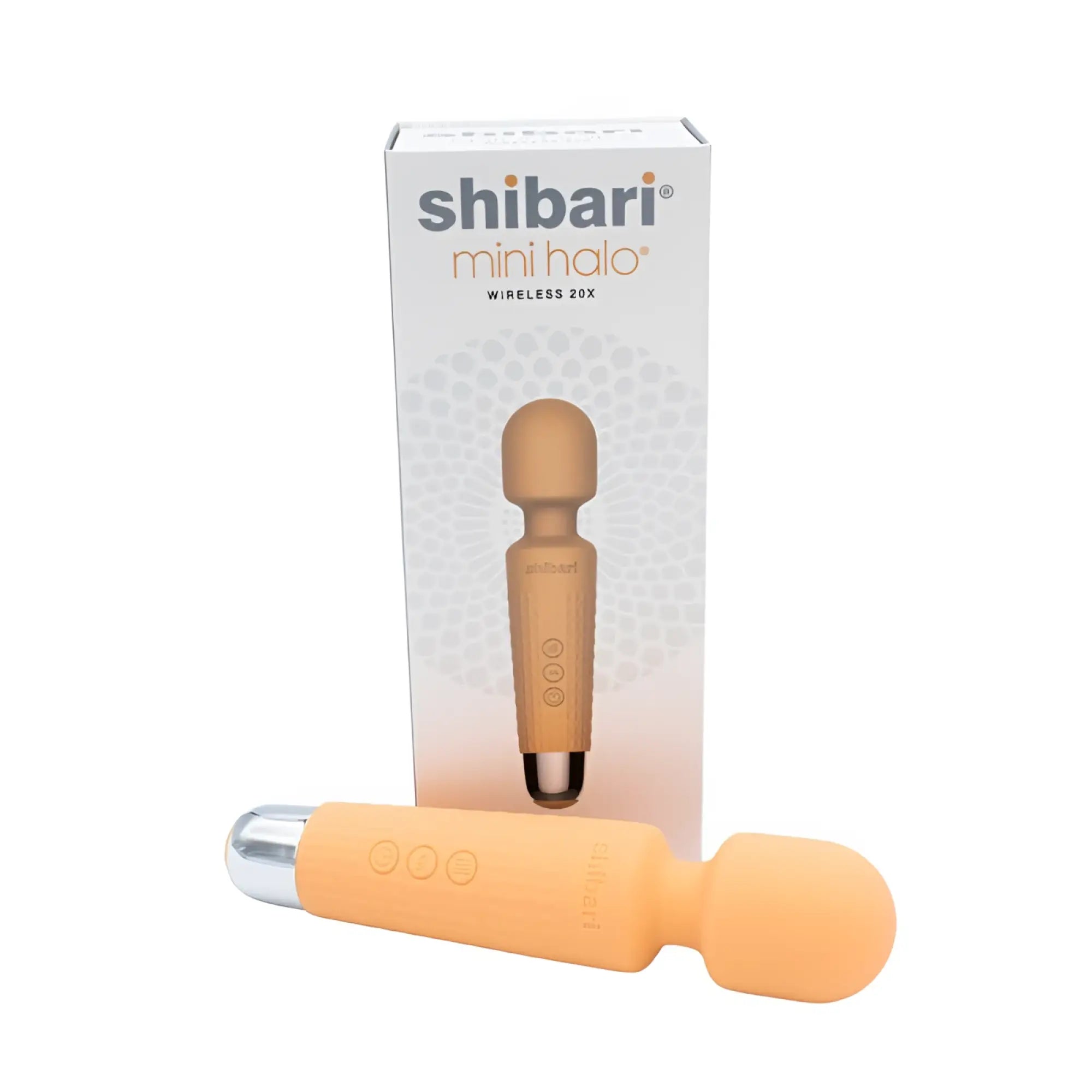 Orange silicone-shod wireless vibratory wand with metallic tip and three control buttons shibari shibari mini wand halo 20x peach