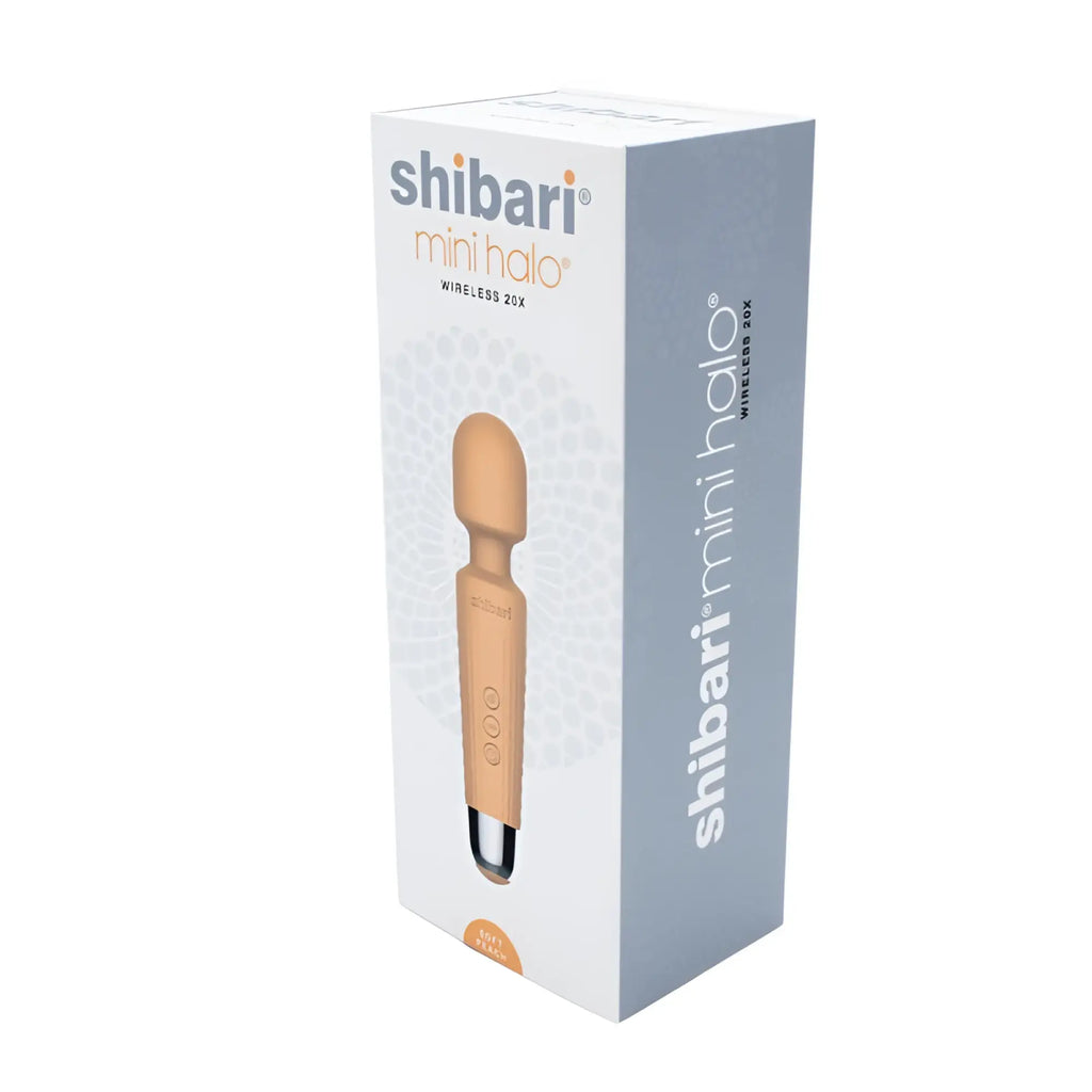 Shibari mini wand halo 20x wireless in matte tan with metallic silver tip and three tactile buttons on handle