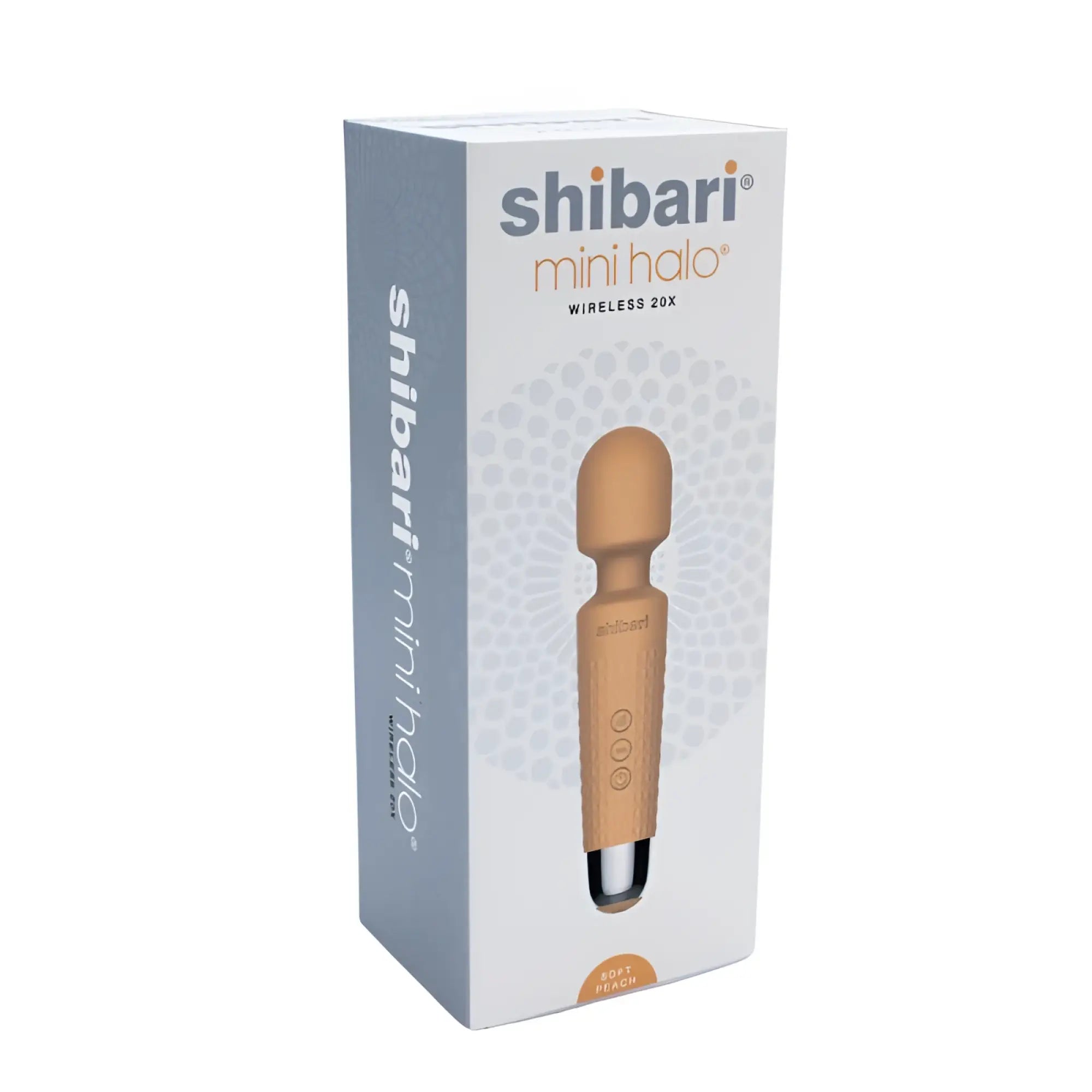 The shibari mini wand halo 20x peach is a sleek silicone wand with three buttons and a metallic tip
