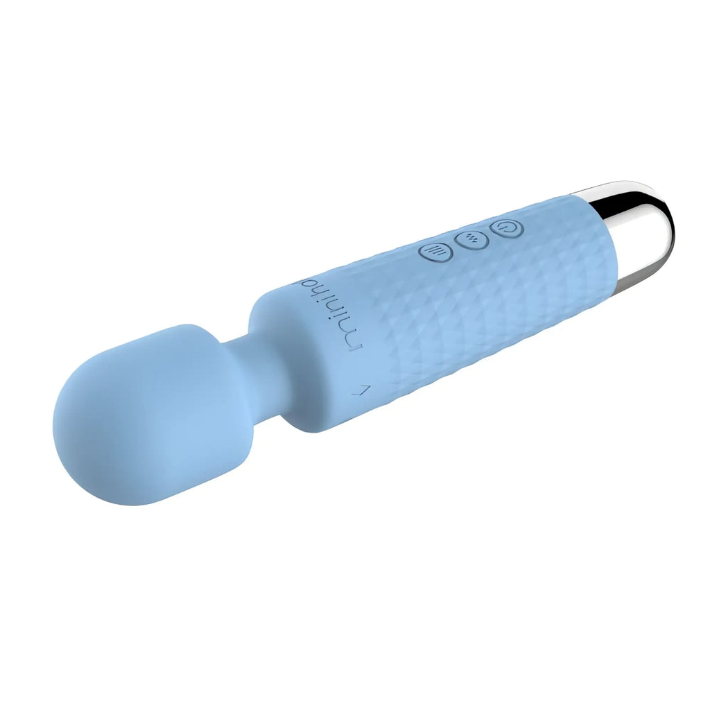 Shibari Shibari mini wand halo 20x powder blue light blue silicone with textured grip silver metallic tip and control buttons