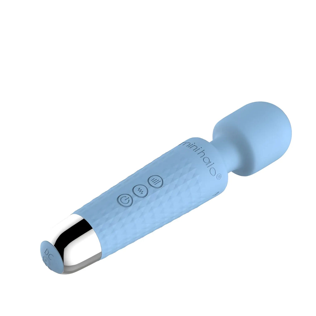 Light blue silicone wrapped Shibari Mini Wand Halo 20X with metallic silver tip and control buttons for easy use