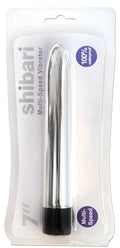 Silver metallic shibari multi-speed vibrator 7in with black base packaged in clear plastic for versatile use