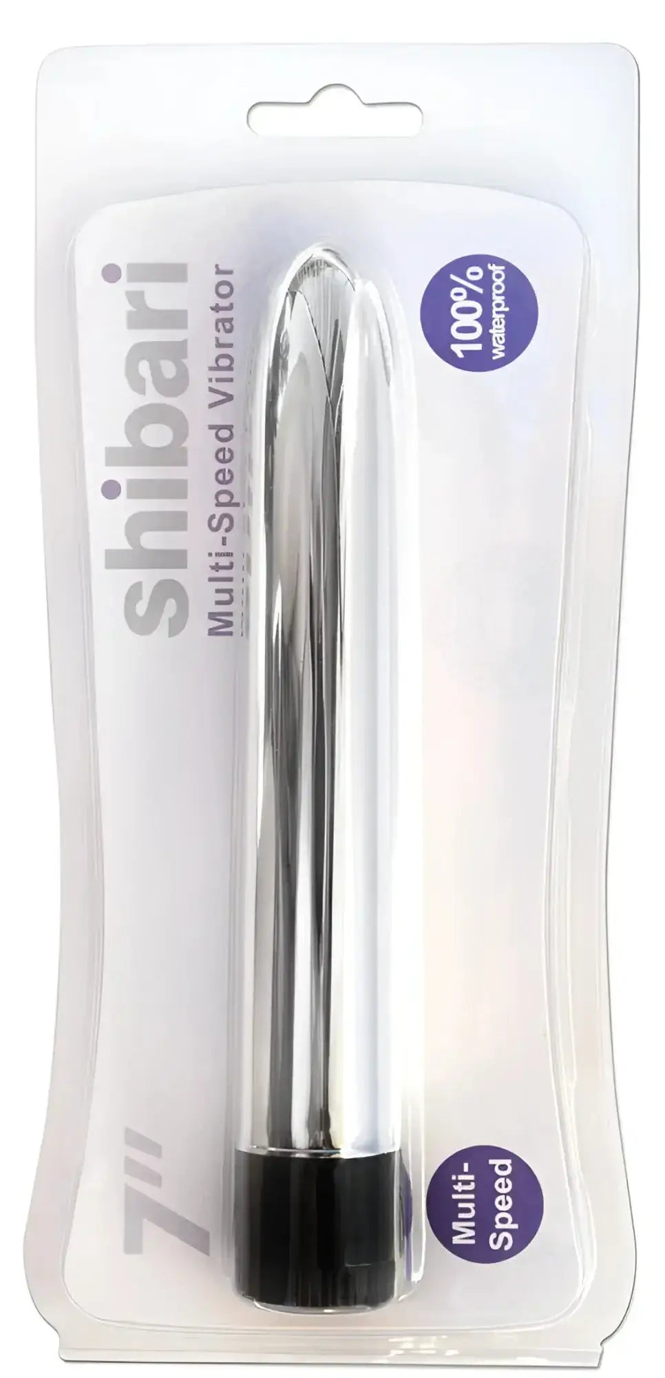 Silver metallic shibari multi-speed vibrator 7in with black base packaged in clear plastic for versatile use