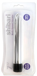 Silver metallic shibari multi-speed vibrator 7in with black base packaged in clear plastic for versatile use