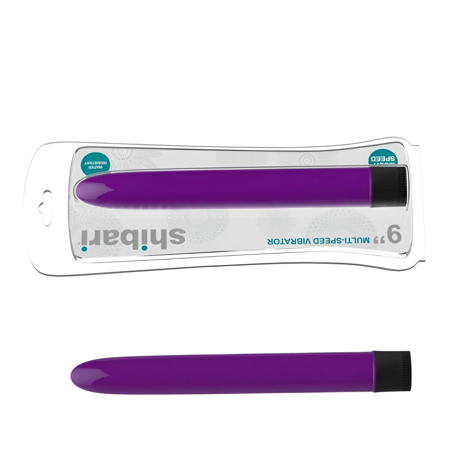 Shibari multi-speed vibrator 6 inch purple with black cap in clear packaging for versatile personal use
