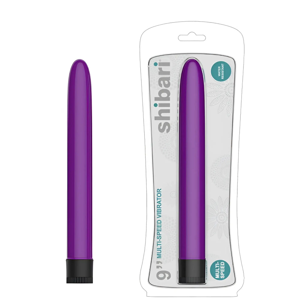 Purple 9-inch multi-speed vibrator by shibari with sleek smooth surface and black textured base for versatile use