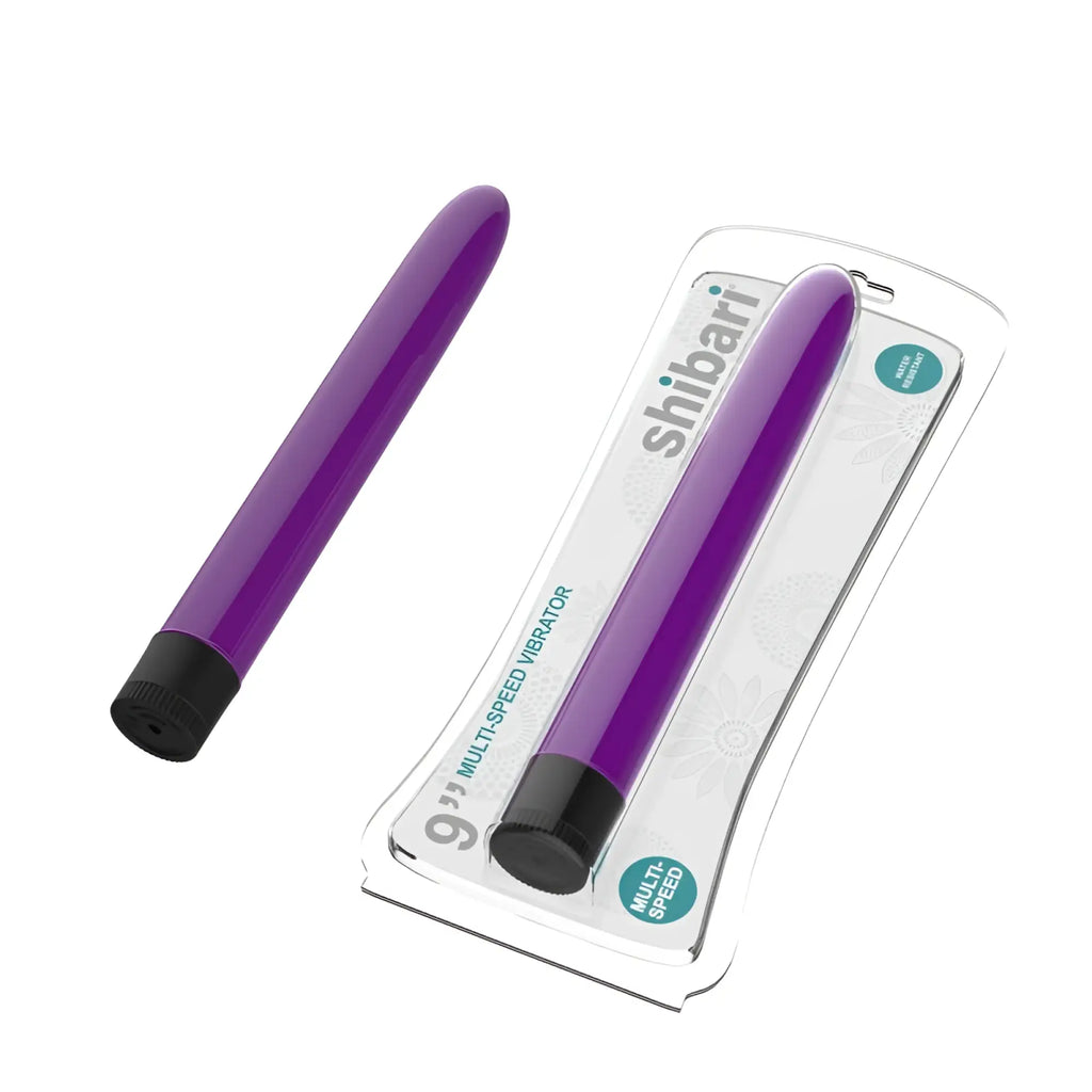 Purple shibari 9 inch multi speed vibrator with black capped ends designed for versatile personal use