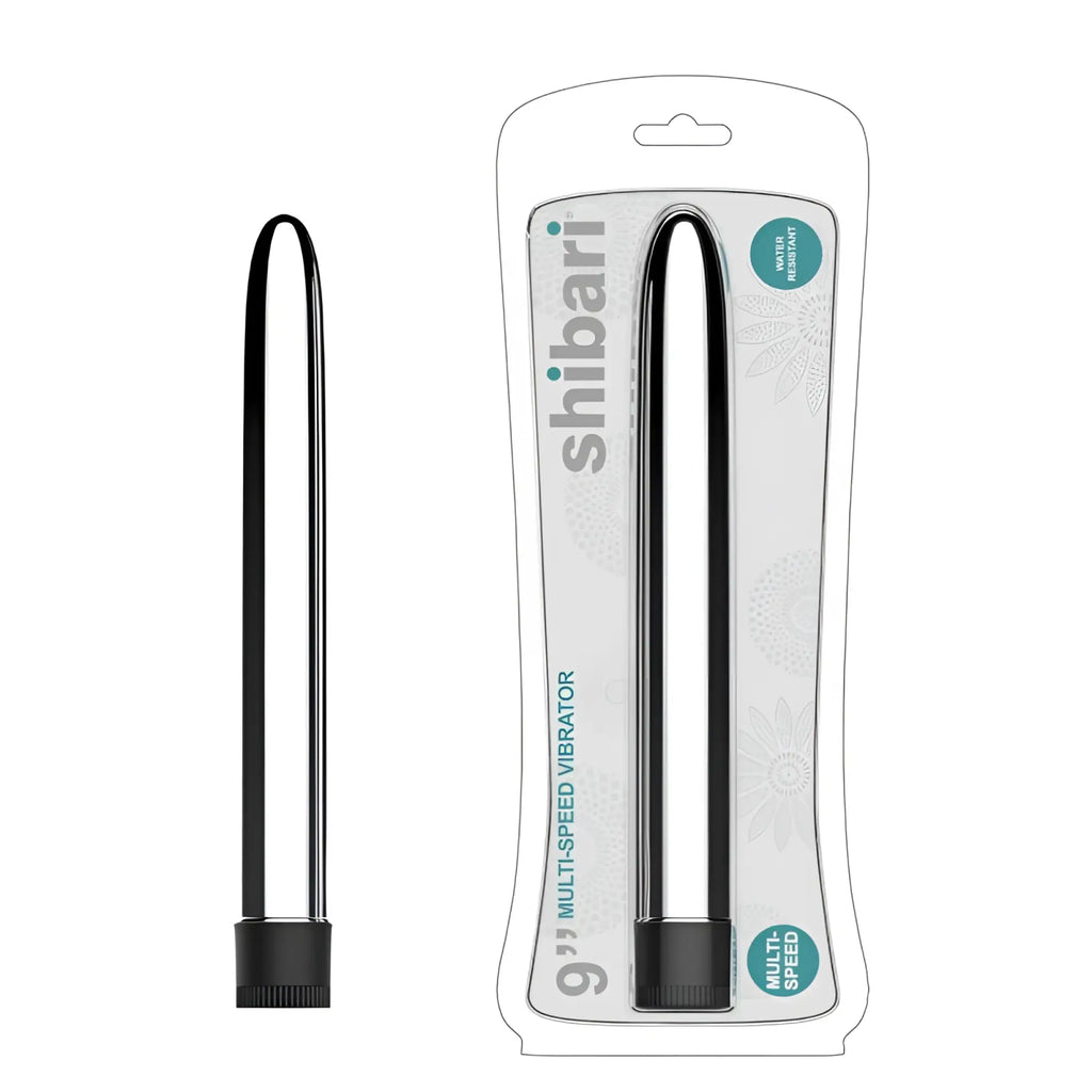 Black and silver 9-inch multi-speed vibrator by Shibari with sleek design for versatile intimate use