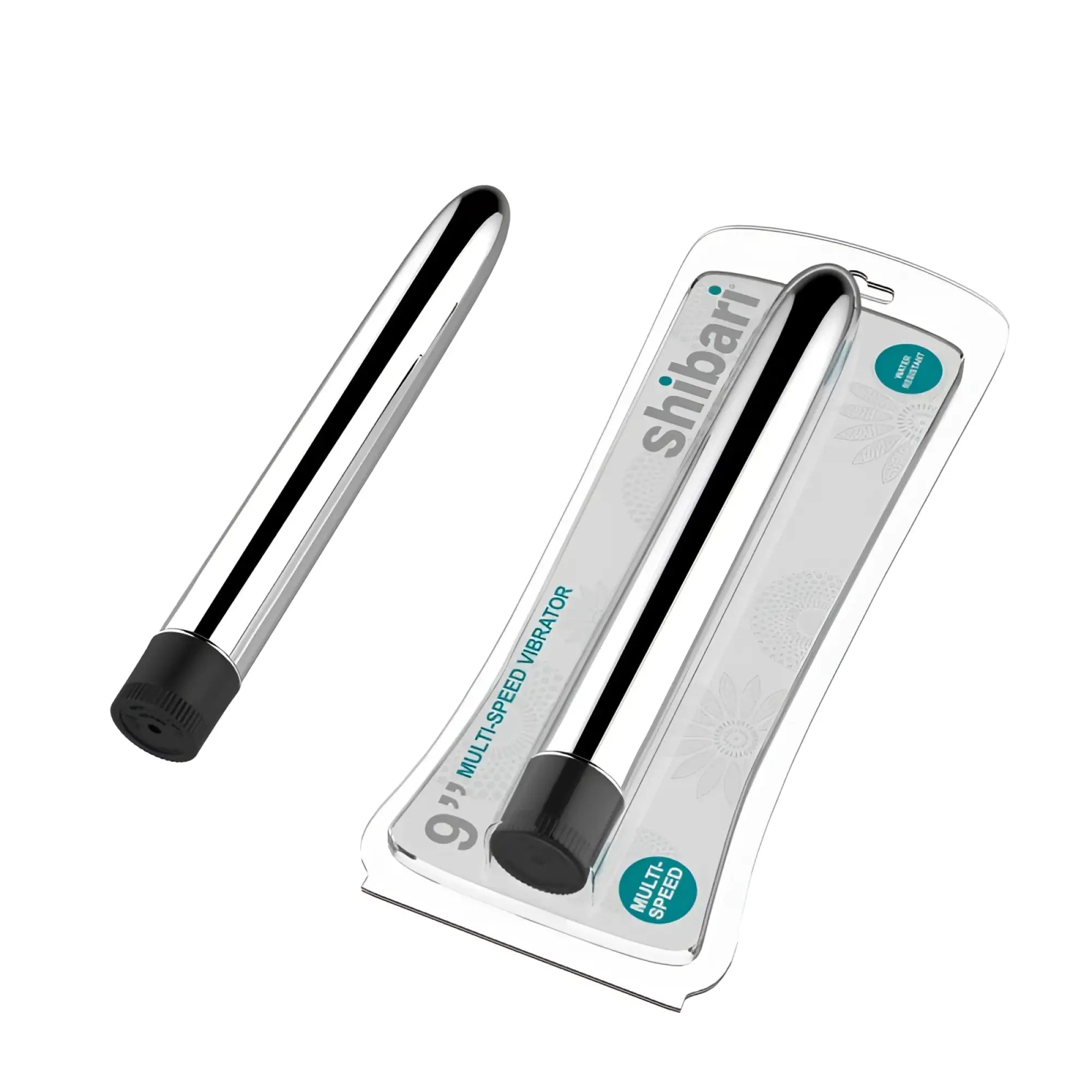 Shibari multi-speed 9 inch vibrator with sleek chrome finish and black capped ends for versatile use