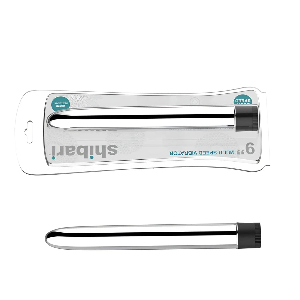Silver chrome-finished 6-inch multi-speed shibari vibrator with black textured cap in clear plastic packaging