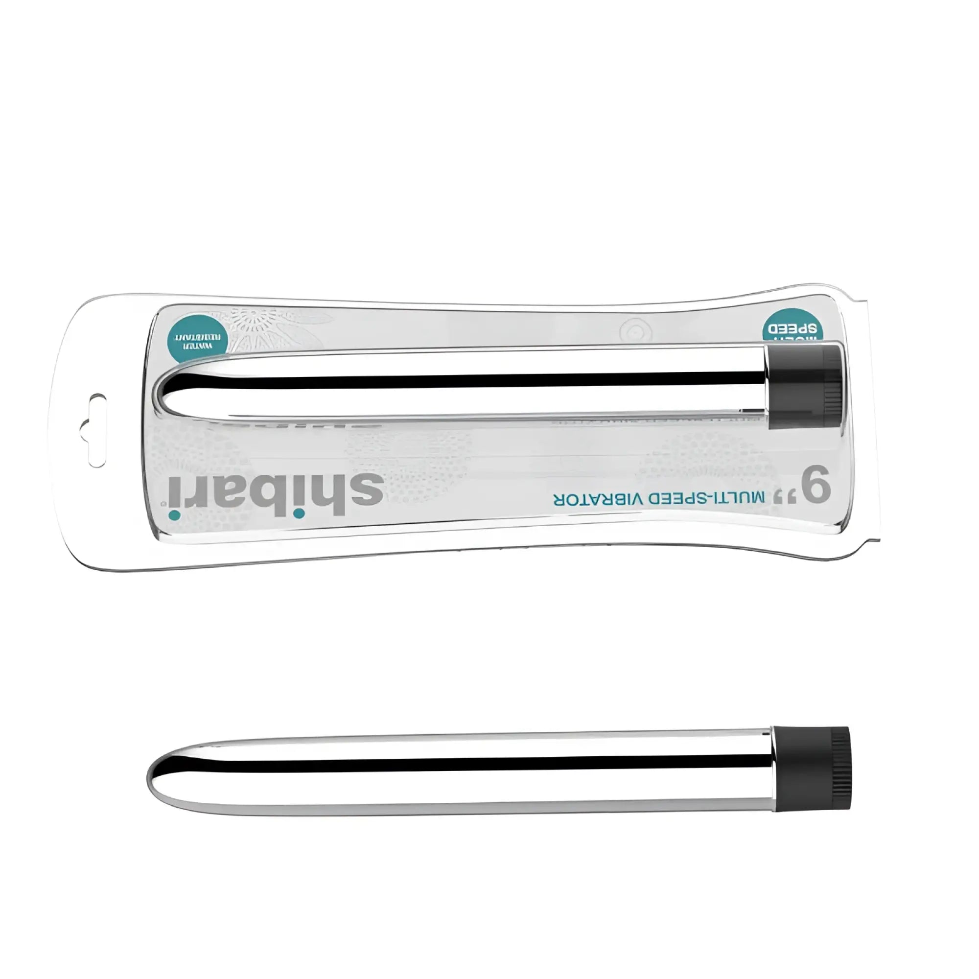 Silver chrome-finished 6-inch multi-speed shibari vibrator with black textured cap in clear plastic packaging