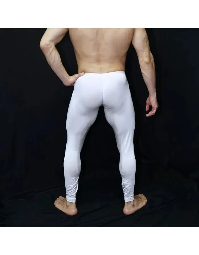 Men's shiny white gym tights by Arroyman featuring a form-fitting design and smooth fabric shown from the back.