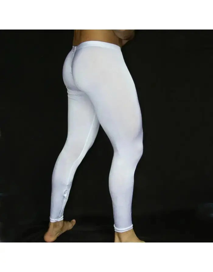 Shiny white gym tights by Arroyman featuring a snug fit and smooth material shown on a model from the back.