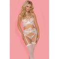 White lace lingerie set with delicate floral patterns and thin straps in Showtime Bianca 4 pc bra g-string garter set