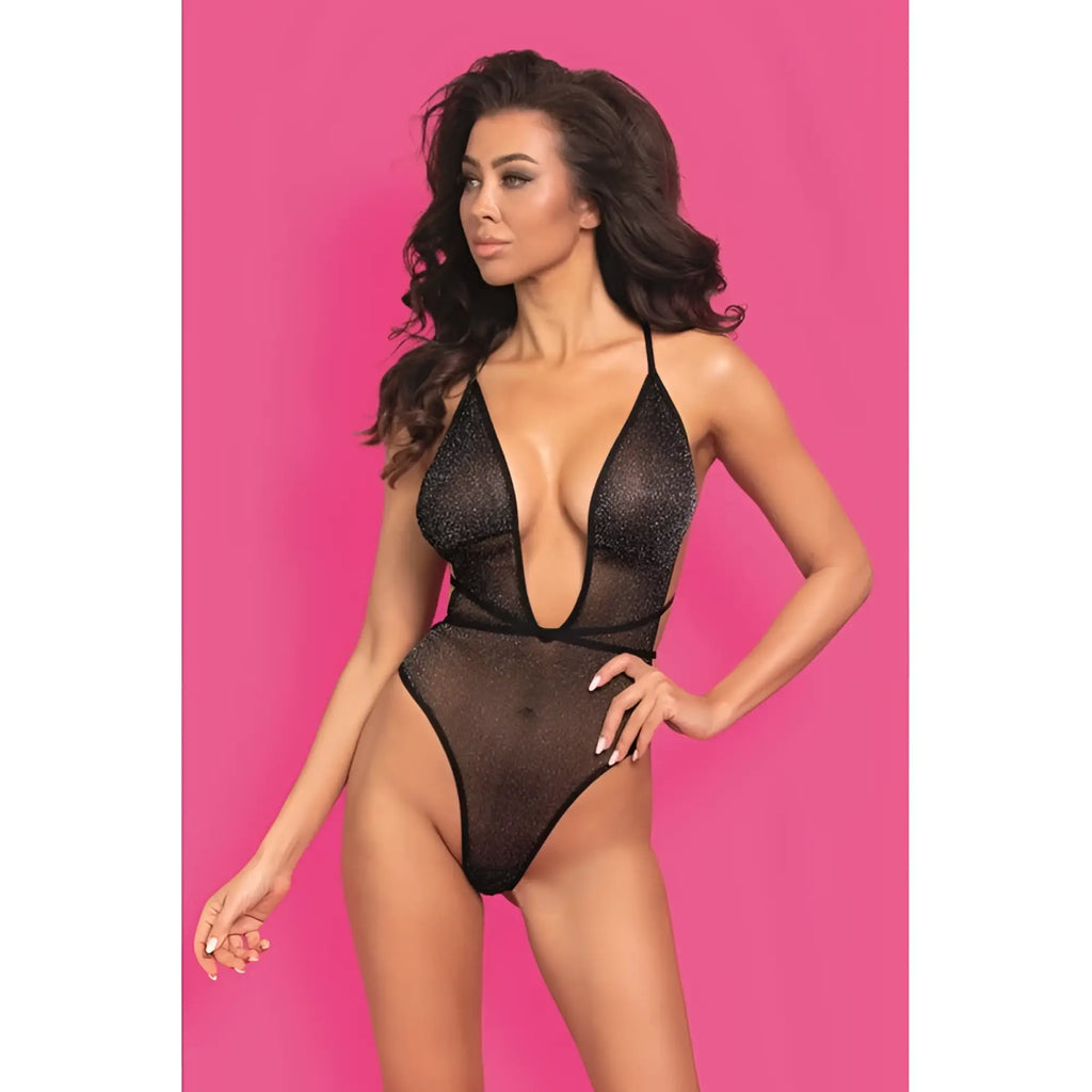 Showtime midnight spark mesh teddy in black sheer glittery fabric with a deep plunging neckline l xl size
