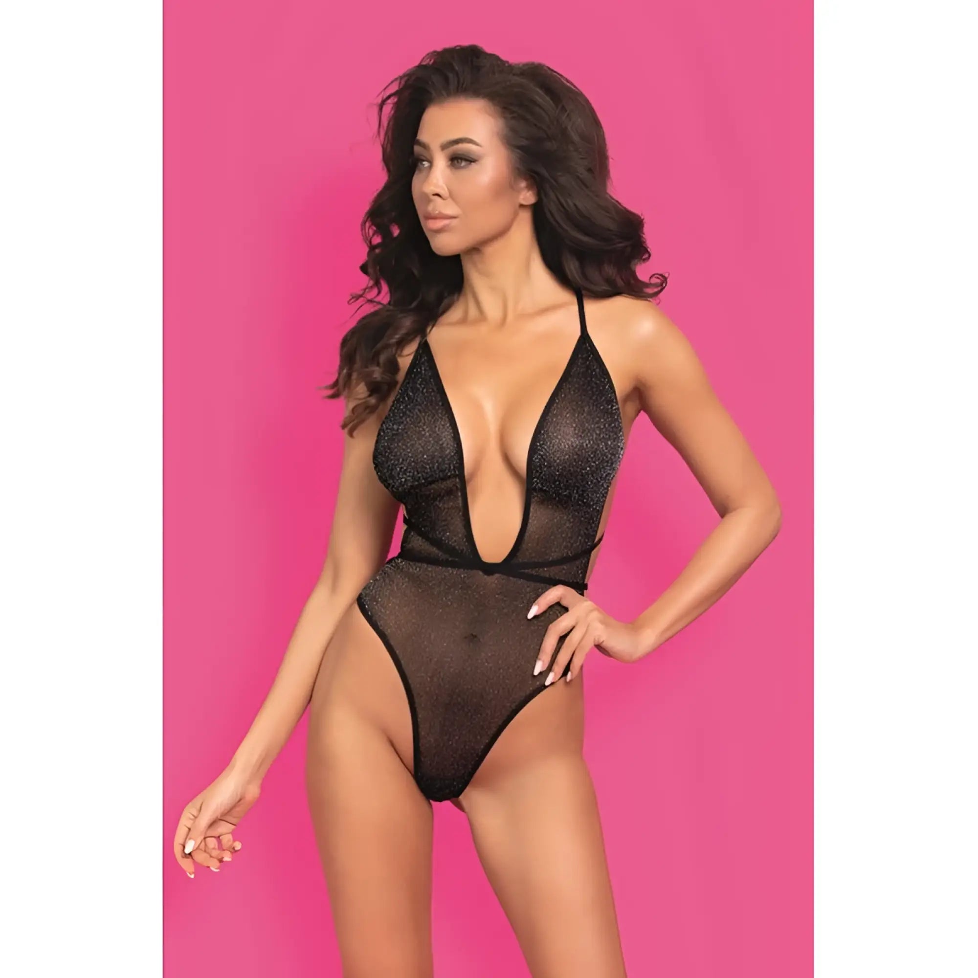 Showtime midnight spark mesh teddy in black sheer glittery fabric with a deep plunging neckline l xl size