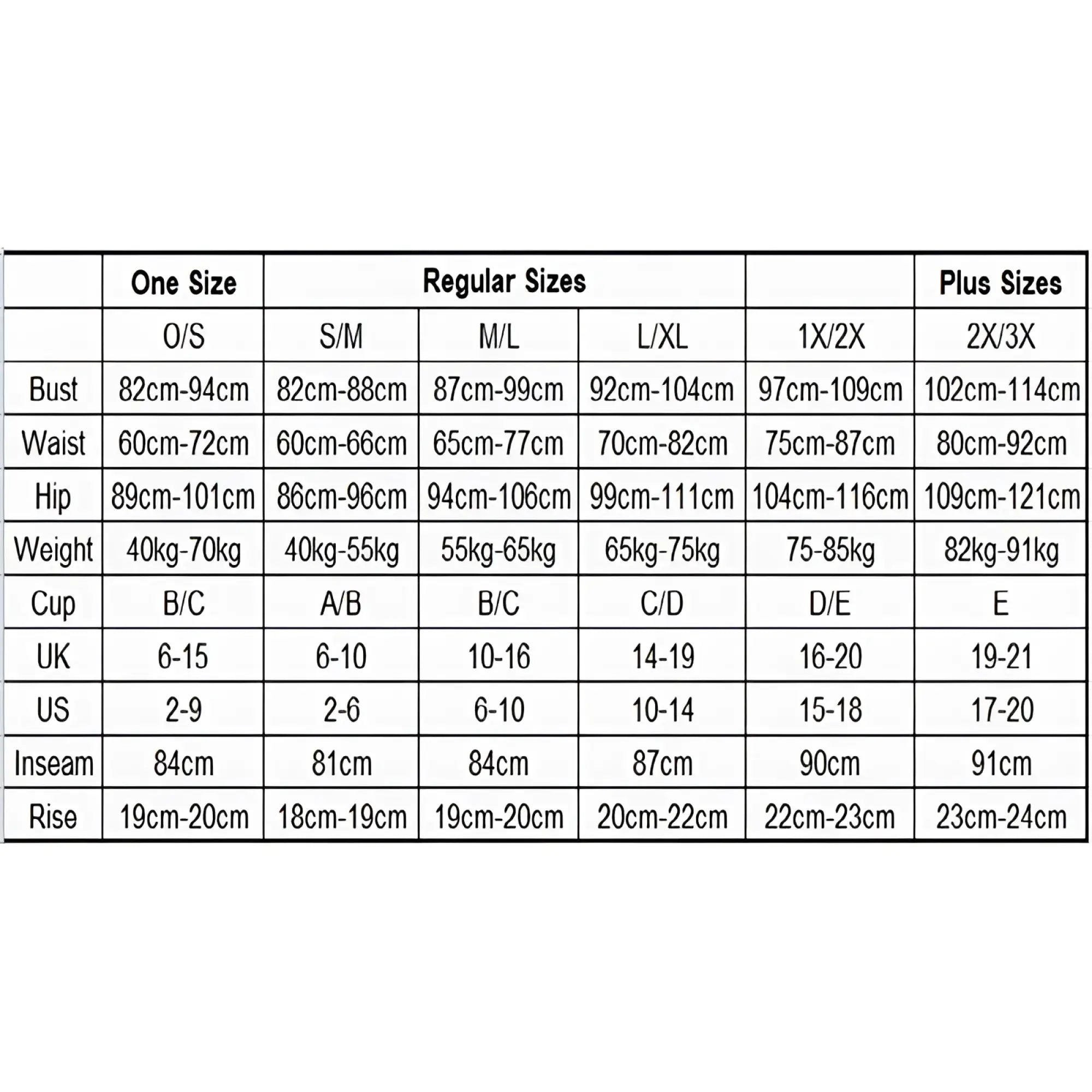 Detailed size chart table showing bust waist hip weight cup uk and us sizing for showtime pink crush garter teddy sm