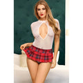 Red and black plaid sheer pleated mini skirt in showtime school girl bed ready costume for l xl size