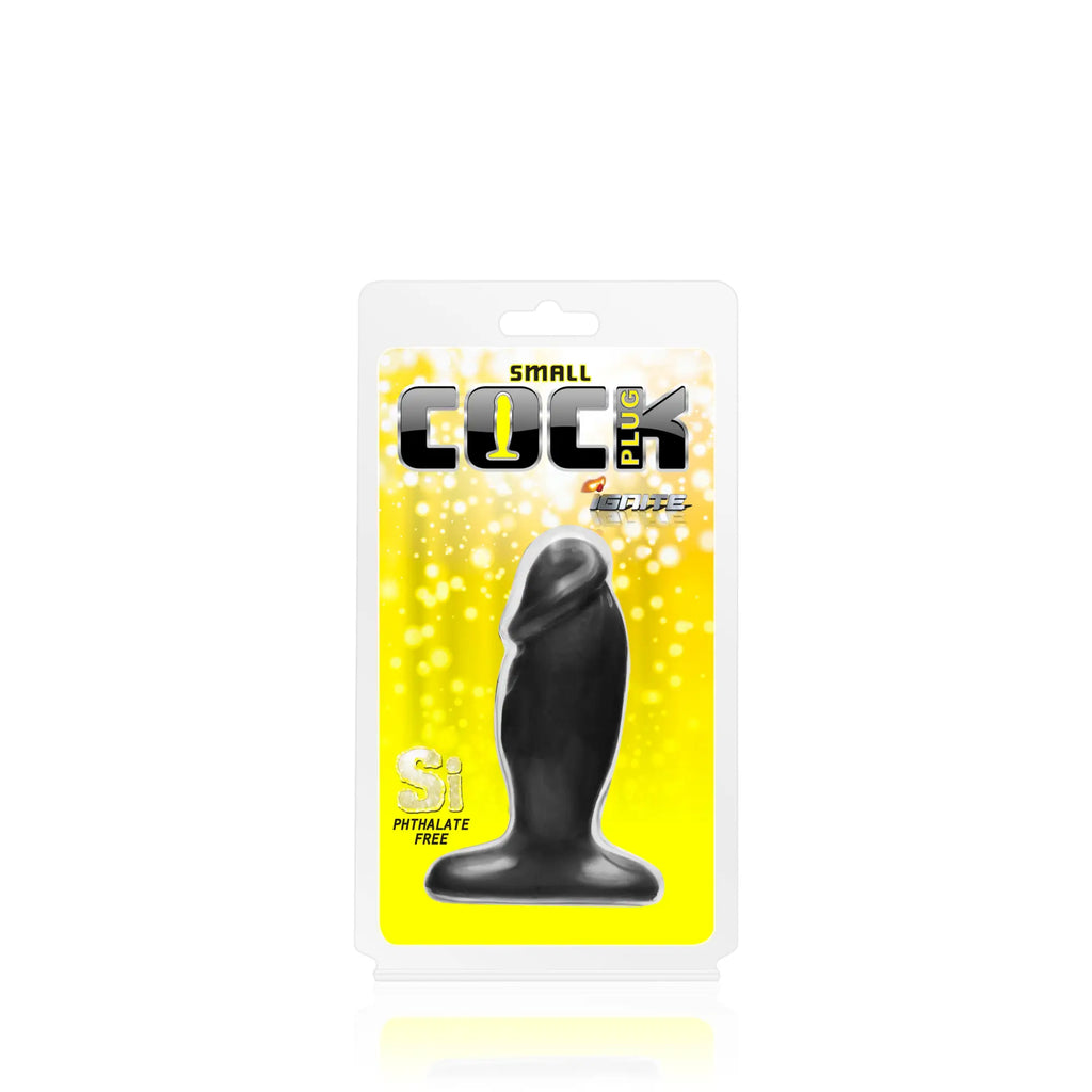 Black silicone cock plug small in yellow and white packaging by si novelties displayed front side