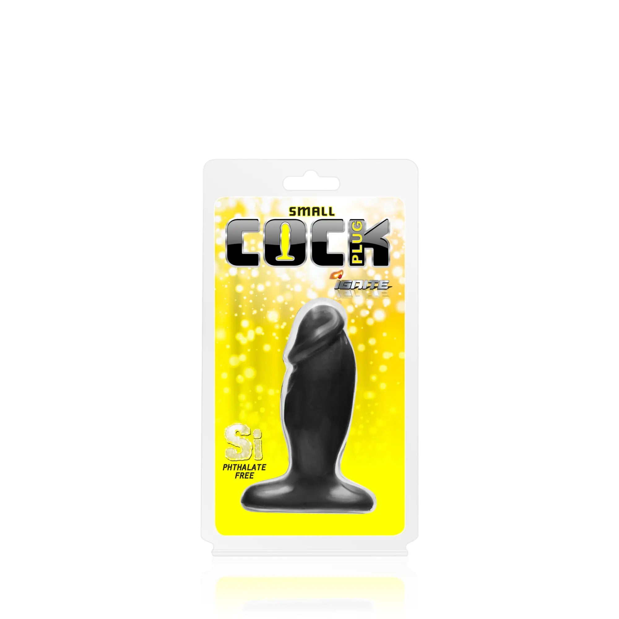 Black silicone cock plug small in yellow and white packaging by si novelties displayed front side