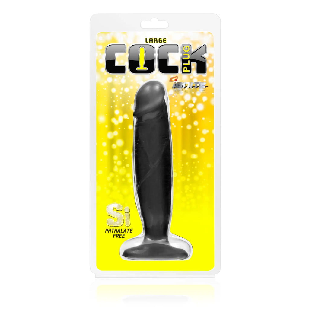 Black silicone cock plug large in yellow and white si novelties packaging for adult use